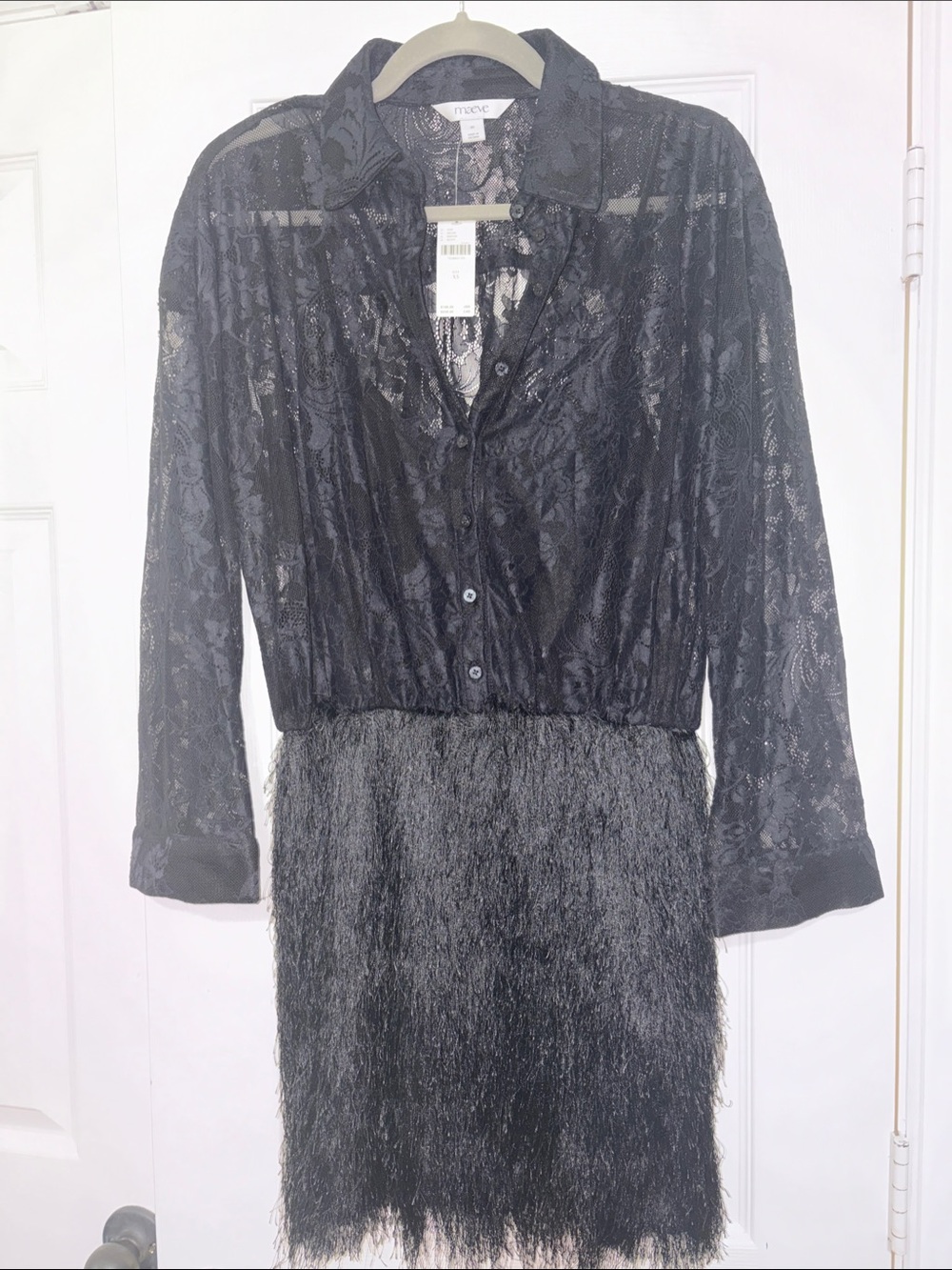 NWT Maeve by Anthropology Black Sheer Lace with Fringe Skirt DRESS Sz XS
